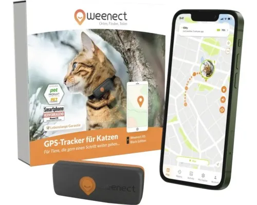 Weenect XS GPS Anti-Verlust-Tracker für Katzen - Schwarz - Mini GPS-Tracker für Katzen mit Echtzeit-Tracking, sicherer Befestigung und langlebiger Batterie. Ideal zur Erkundung des Reviers und für stressfreies Füttern!