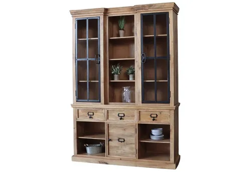 baario Buffet Schrank PACIFICA – Massivholz Vitrine im Antik Design - Buffetschrank aus massivem Mangoholz, handgefertigt mit einzigartiger Maserung. Bietet viel Stauraum mit 3 Schubladen und Glastüren. Ideal für stilvolle Wohnräume.