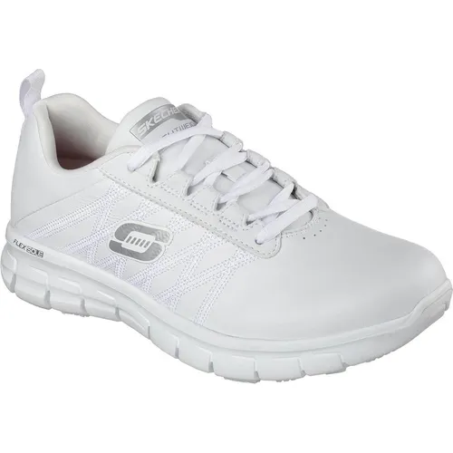 Skechers Damen Sure Track Erath Slip On Sneaker - Bequemer Komfort in Weiß - Damen-Sneaker mit rutschfester Gummi-Außensohle und ölbeständigem Material. Genießen Sie den ganzen Tag Komfort dank der Skechers Memory Foam Einlegesohle und dem Relaxed Fit Design.