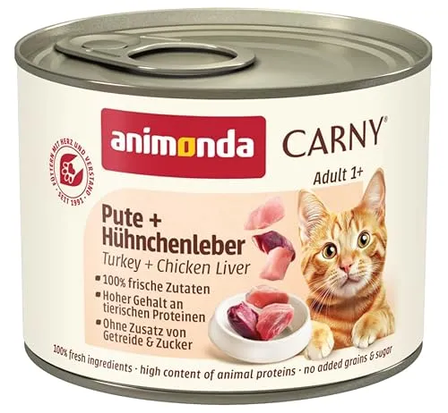 Carny Katzen Nassfutter Pute + Hühnchenleber (6 x 200g) - Dosenfutter für Katzen ohne Getreide und Zucker, aus frischen Fleischzutaten für eine gesunde Ernährung und ein unvergleichliches Geschmackserlebnis.