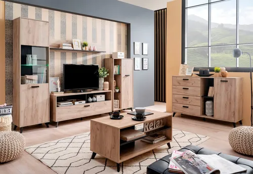 Wohnwand INOSIGN "Umbria", schwarz - Moderne Wohnwand aus FSC-zertifiziertem Holzwerkstoff, inklusive Vitrine, Lowboard, Sideboard und Wandregal in trendigem Grau Eichefarben/Schwarz. Pflegeleichte Oberflächen und hochwertige Verarbeitung.