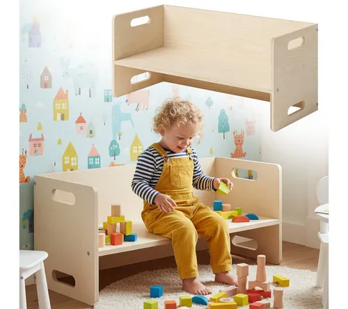 Bellabino AKI 2in1 Kindersitzbank und Kindertisch - Sitzbänke & -truhen, multifunktionale Wendebank mit 3 verstellbaren Sitzhöhen für wachsende Kinder und modernes Design aus unbehandeltem Birkenholz.