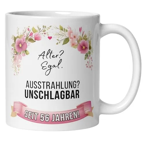 Geburtstag Frau Mann Tasse | | Lustige Kaffeetasse mit Spruch zum 56. Geburtstag | – Geschenkidee für Frauen – Alter? Egal. Ausstrahlung? Unschlagbar – Seit 56 Jahren! 56