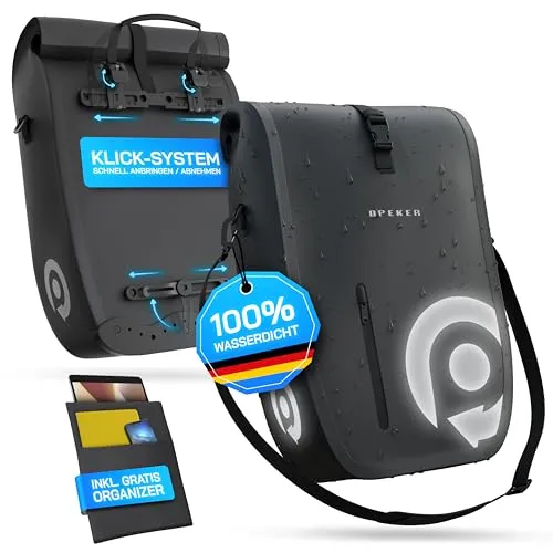 OPEKER® Universal Fahrradtasche für Gepäckträger 28L - Wasserdicht & Abnehmbar - Fahrradtasche mit 28L Volumen, abnehmbarem Organizer und 100% wasserdichtem Material für sicheren Transport bei jedem Wetter. Ideal für Einkäufe, Pendeln und Bikepacking.