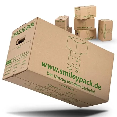 Smiley Pack 20 x stabile Umzugskartons - Kartons für Umzüge, extra groß und wiederverwendbar, bis 40 kg Traglast, ideal für schwere Gegenstände und einfache Organisation beim Umzug.
