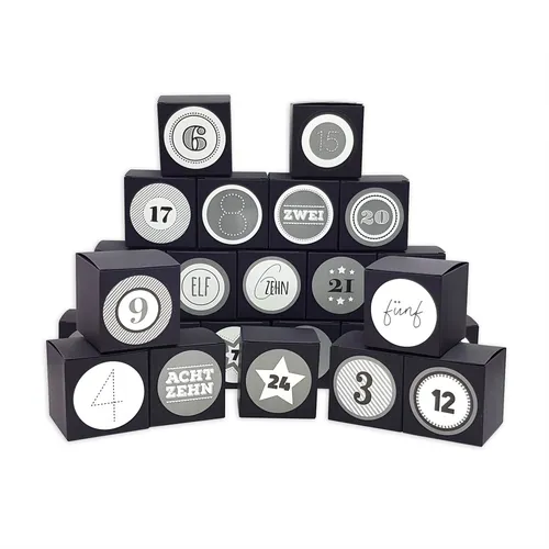Frau WUNDERVoll® DIY Adventskalender Vorfreude zum Befüllen, 24 Faltschachteln matt schwarz 7(L)x7(B)x7(H)cm (gefaltet), XL Ziffern grau/Weihnachten, Aufkleber, Würfelbox, Faltverpackung, Schachteln