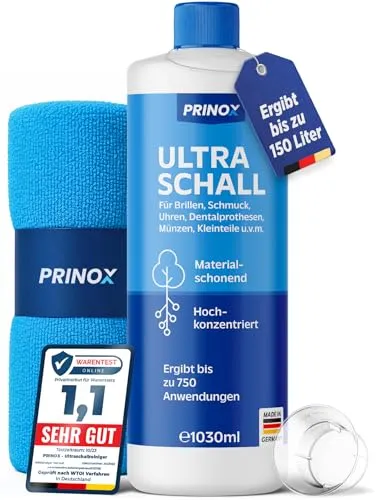PRINOX Ultraschallreiniger Konzentrat 1030ml - Extrem ergiebig für Schmuck & Brille - Zahnersatz-Reinigungsbäder, biologisch abbaubar und extrem ergiebig - bis zu 750 Anwendungen für gründliche, materialschonende Reinigung in Ultraschallgeräten.