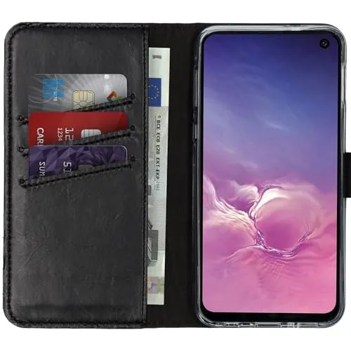 Samsung Galaxy S10e Hülle - Selencia Echtleder Klapphülle Schwarz - Elegante Klapphülle aus hochwertigem Echtleder von Selencia für Ihr Galaxy S10e. Mit Platz für drei Karten und Geldscheine, bietet sie praktischen Schutz und Stil im Alltag.