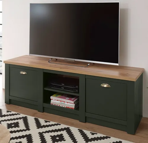 Furn.Design TV-Board Norwich - TV Lowboard im Landhausstil, grün mit Wotan Eiche, 152 x 51 cm, bietet viel Stauraum und pflegeleichte Oberflächen für ein stilvolles Wohnzimmer.