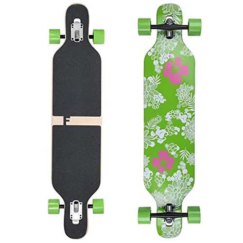 FunTomia Camber Longboard Flex1 (bis 122kg) - Hawaii Blume - Stylisches Camber Longboard aus mehrlagigem Ahornholz, ideal für flexibles Fahren und Tricks. Mit Aluminium Achsen für präzise Kontrolle und 80A Rollen für optimale Haftung. Länge: 106cm, Gewicht: 3,6kg.