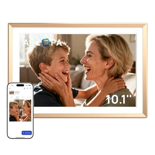 ARZOPA D10 Metall Digitaler Bilderrahmen 10,1" Kostenloser Cloud Storage WLAN Bilderrahmen Digital HD Touchscreen KEIN Abonnement Teilen Fotos Videos Individuelle Grußkarte zum Verschenken - D10 Gold