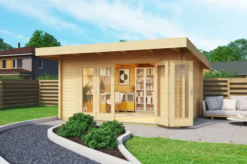 Gartenhaus Blockhaus Holzhaus SUSSEX 1 - Modernes Gartenhaus mit 11 m², aus naturbelassenem Holz, ideal als Home Office. Mit abschließbarer Falttür und einfachem Aufbau – perfekt für kreative Rückzugsorte.