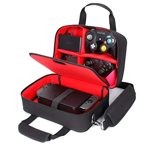 USA Gear Tragetasche für die Reise, kompatibel mit Nintendo Switch 2, Dockstation, Gamecube/Pro Controller, JoyCons und mehr Nintendo Switch 2-Zubehör – anpassbares Innenleben Schultergurt – Rot