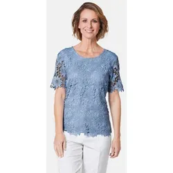 GOLDNER Kurzarmbluse Festbluse mit floraler Spitze Blusenshirt mit Rundhals, rückseitigem Knopfverschluss und Kurzarm blau 48
