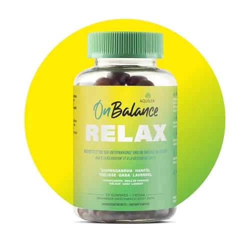 Aquilea OnBalance Relax Gummies - Vegane Arzneimittel zur Unterstützung von Entspannung und Stressbewältigung mit Melisse und Ashwagandha. Leckerer Brombeer-Geschmack, gluten- und zuckerfrei – für mehr innere Ruhe im Alltag.