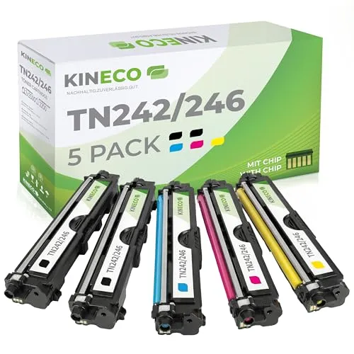 Kineco 5 Toner kompatibel für Brother TN-242 TN-246 - Toner für Brother Drucker, hohe Ergiebigkeit mit bis zu 2.500 Seiten in Schwarz und 2.200 Seiten in Farbe. 100%ige Funktion der Füllstandsanzeige garantiert!