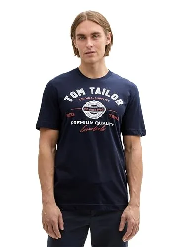 TOM TAILOR Herren T-Shirt mit Logo-Print aus Baumwolle, sky captain blue, L
