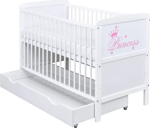 Baby-Delux Babybett Gitterbett Kinderbett Natalie Princess 2in1 140x70 Weiß Beißschienen mit Schublade Kokos-Buchweizen Matratze, höhenverstellbar