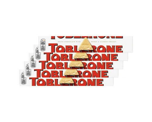 Toblerone White Schweizer Schokolade 100g 5er Pack - Entdecken Sie die Toblerone White, eine köstliche Kombination aus weißer Schokolade, Honig und Mandel-Nougat im praktischen 5er Pack. Perfekt für süße Snacks unterwegs oder als Geschenk!