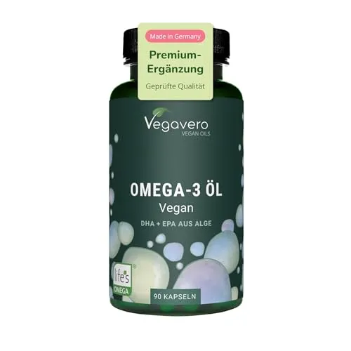 Vegavero® Omega 3 Kapseln | 450 mg DHA & 225 mg EPA | Vegan | Laborgeprüft - Omega-3 Öl aus hochwertigem Algenöl, ideal für die Gehirngesundheit. Ohne Carrageen und künstliche Zusatzstoffe, produziert in Deutschland.