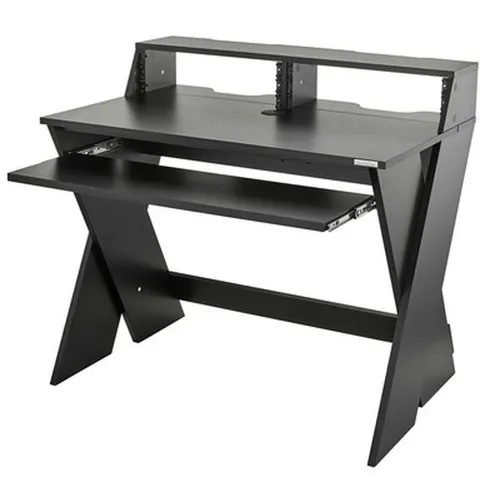 Glorious Sound Desk Compact Black - Kompakter Studiotisch für Heimstudios, ideal für kleine Räume. Stabil und hochwertig, mit Platz für 19"-Rackgeräte und einem praktischen Keyboard-Auszug. Höhenverstellbar für optimalen Komfort.