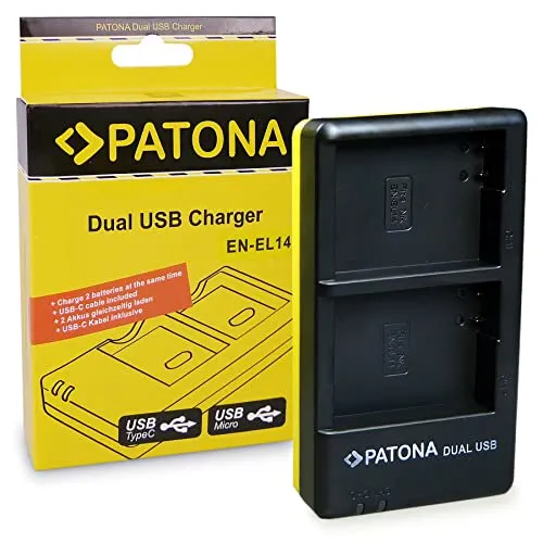 PATONA Dual Ladegerät (USB-C Micro-USB) für Nikon EN-EL14 Akku kompatibel mit P7000 P7100 P7700 P7800 D3100 D3200 D5100 D5200 D5300 ENEL14 EN EL14