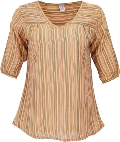 GURU SHOP Leichte Baumwollbluse, Gestreifte Boho Schlupfbluse mit V-Ausschnitt - Cider, Damen, Baumwolle, Size:S