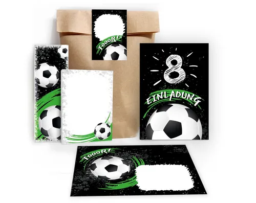 JUNAPACK Einladungskarten Fußball zum 8. Geburtstag Einladungen Karten mit Umschlägen Mitgebsel, Mitbringsel Set Fussball Gastgeschenke zum achten Kindergeburtstag