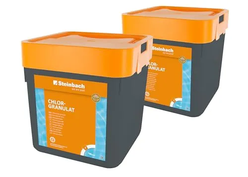 Steinbach Poolpflege Chlorgranulat 2x5 kg - Schnelllöslich und Effektiv - Effektive Wasserdesinfektion für kristallklares Poolwasser. Das schnell lösliche Chlorgranulat ist ideal für Schockbehandlungen und die kontinuierliche Pflege, sorgt für hygienische Reinheit und schützt Ihr Poolwasser.