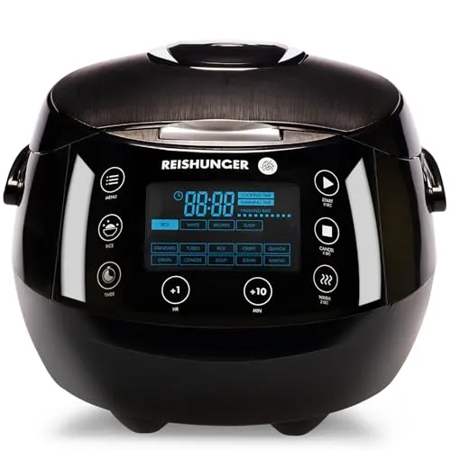 REISHUNGER Digitaler Reiskocher & Dampfgarer Schwarz | 1,5 L für bis zu 8 Personen - Reiskocher mit 12 Kochprogrammen, Warmhaltefunktion und Fuzzy Logic für perfektes Aroma. Ideal für Familien und einfache Bedienung dank digitalem Display.
