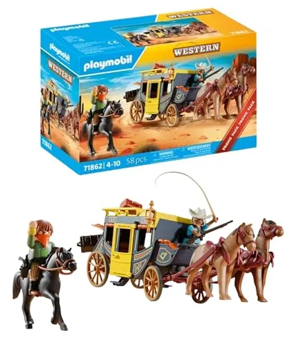 Playmobil Postkutschenüberfall im Wilden Westen - Sets mit aufregendem Abenteuer: Erlebe den spannenden Überfall auf die Postkutsche und rette die wertvolle Fracht vor dem maskierten Banditen!