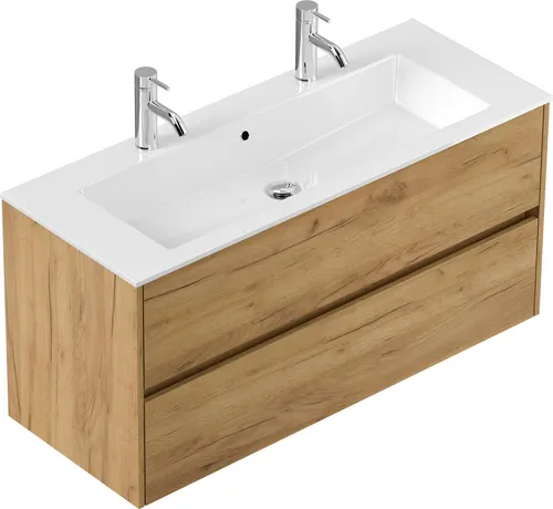 Badmöbel Doppel-Waschtisch Limes 120 cm Eiche Gold - Modernes Badezimmermöbel in edler Eiche Gold – Doppel-Waschtisch mit pflegeleichter Oberfläche und zwei Hahnlöchern für praktischen Komfort. Genießen Sie die harmonische Holzoptik und die Softclose-Schubladen.