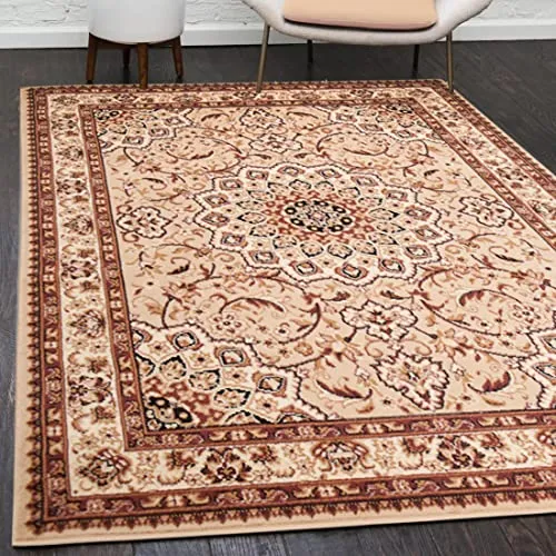 Mazovia Orientalischer Vintage Teppich - Kurzflor Beige 70 x 130 cm - Eleganter Kurzflor-Teppich im orientalischen Stil, ideal für Wohnzimmer und Esszimmer. Pflegeleicht und für Fußbodenheizung geeignet, bietet er Komfort und Wärme in jedem Raum.
