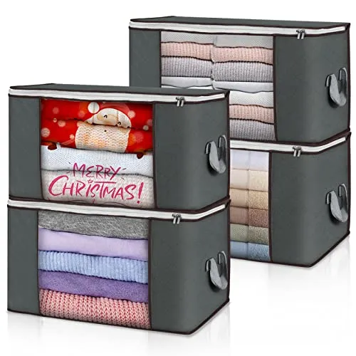 Budding Joy 4 Stück 90 L Storage Bags, Storage Boxes with Lid, Large, Moving Boxes, Foldable Underbed Storage Box for Clothes, Duvets and Bedding, Clothes Storage Boxes (Grau)