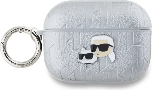 Karl Lagerfeld Hülle für AirPods Pro 2 - Silber mit Karl & Choupette Prägung - Kopfhörer-Zubehör mit hochwertiger Prägung und praktischem Karabinerhaken für einfachen Transport an Tasche oder Rucksack.