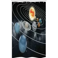 Abakuhaus Duschvorhang Badezimmer Deko Set aus Stoff mit Haken Breite 120 cm, Höhe 180 cm, Galaxis Sonnensystem Sonne Planeten grau|schwarz