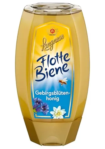 Langnese Flotte Biene Gebirgsblütenhonig 250g - Feincremiger Gebirgsblütenhonig in praktischer Spenderflasche. Ideal zum süßen von Tees oder zum Verfeinern von Speisen. Ein Genuss mit blumigem Aroma und goldgelber Farbe.