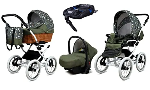 Babylux® Classic White | 4-in-1 Kinderwagen Set | Olive Star - Multifunktionaler Kinderwagen von BabyLux: als tiefer Wagen, Buggy oder Autositz nutzbar. Mit praktischem Faltverdeck und verstellbarer Rückenlehne bietet er Komfort und Sicherheit für Ihr Kind.