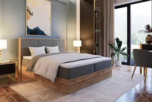 Marlux-Meble Boxspringbett 140x200 mit Bettgestell und Matratze – Komfortables Polsterbett in Grau - Komfortables Boxspringbett 140x200 mit 5 cm dickem Visco-Topper für optimale Körperanpassung. Ideal für entspannte Nächte und das stilvolle Schlafzimmer. Einfache Selbstmontage mit Anleitung.