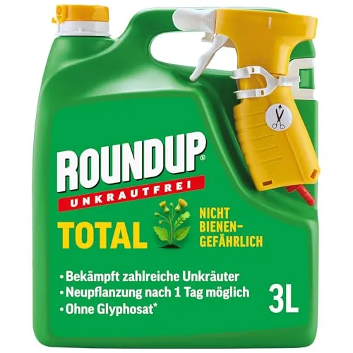 Roundup Unkrautfrei TOTAL, 3L Sprühflasche - Effektiver Unkrautvernichter - Dünger zur Bekämpfung von Unkräutern, Gräsern und Moos. Anwendung bereits einen Tag nach der Behandlung möglich, biologisch abbaubar und sicher für Kinder und Haustiere nach dem Abtrocknen.
