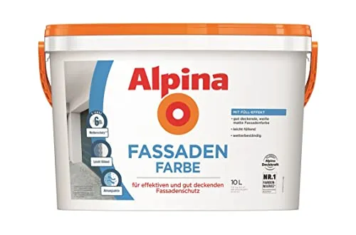 Alpina Fassadenfarbe 10 Liter - Weiß Matt - Lacke für effektiven Fassadenschutz mit ca. 6 Jahren Wetterschutz. Atmungsaktive, leicht füllende Farbe, ideal für ca. 60 m², abtönbar mit Alpina Color.