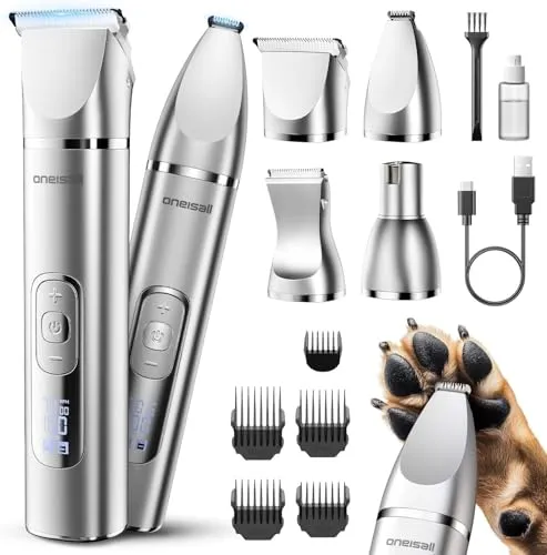 oneisall 4 in 1 Hundeschermaschine Set - Haarschneidemaschinen zur Fellpflege bei Hunden, leise und effizient mit 3 Trimmerköpfen und Nagelpolierer für umfassende Pflege zu Hause.