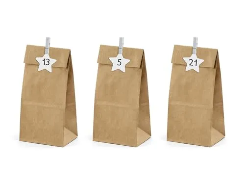PartyDeco Adventskalender Tüten zum Befüllen 8x6,5x21cm Papier Set - Adventskalender Set - Papiertüten Kraftpapier mit weißen Sternen