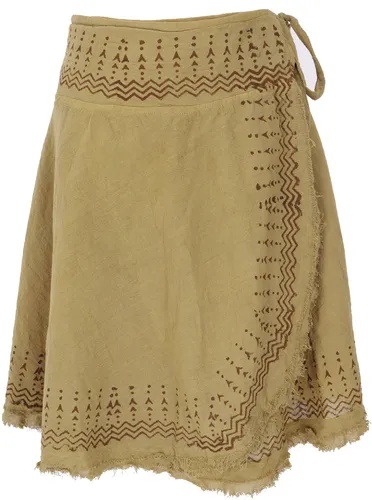 Natürlicher Goa Sommerrock - Khaki Ethno Wickelrock - Röcke aus 100% Baumwolle, fair gehandelt in Indien. Der khaki Wickelrock mit einzigartigem Blockdruck ist perfekt für den Sommer und bietet einen lässigen Ethno-Stil.