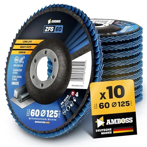 10x Fächerscheibe Ø125mm K60 für Stahl/Edelstahl - Polieren Entroster Kehlnaht schleifen - AMBOSS Werkzeuge ZFS Lamellenschleifscheibe blau Winkelschleifer - Profi Zirkon Schleifmop