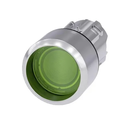 Siemens 3SU1051-0CB40-0AA0 Leuchtdrucktaster - Steckverbinder Zubehör, 22 mm runder Leuchtdrucktaster in grün mit Chromfrontring, ideal für zuverlässige Signalisierung und Beleuchtung in industriellen Anwendungen.