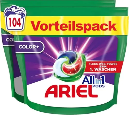 Ariel Waschmittel Pods All-in-1, Color+ - Waschmittel für kraftvolle Fleckenentfernung, wirkt auch in kaltem Wasser und ist ideal für umweltbewusstes Waschen mit recycelbarer Verpackung.