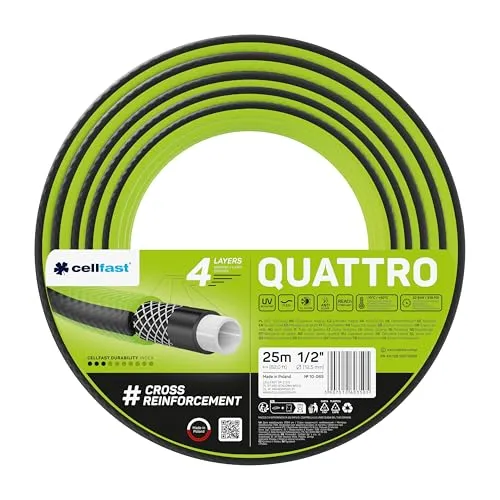 CELLFAST Gartenschlauch 4 Lagiger Wasserschlauch Aus Formstabilem Kreuzgewebe Für Garten Bewässerungsschlauch UV Beständig Anti Algen Flexibler Schlauch 20 Bar 1 2 Zoll 25 Meter Quattro