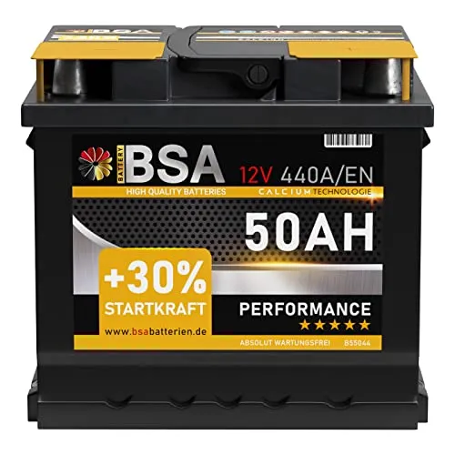 BSA Autobatterie 12V 50AH 440A - Hochleistungs-Autobatterie mit 12V und 50Ah, bietet 30 % mehr Startkraft durch innovative Calcium-Technologie. Ideal für zuverlässigen Einsatz bei extremen Temperaturen. Kompakt und sofort betriebsbereit.
