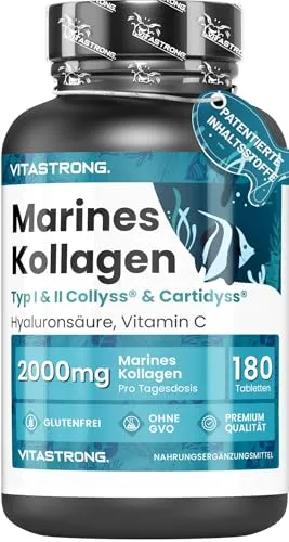 MARINE COLLAGEN 2000pcs - Hochdosierte Kollagen Kapseln mit Vitamin C - Kollagen-Präparate mit patentierten Formeln Collyss & Cartidyss für sichtbar straffere Haut. Enthält 180 glutenfreie Tabletten für Ihr tägliches Schönheitsritual.
